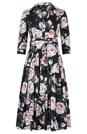Audrey Dress #4 Shirt Collar 3/4 Sleeve Midi Length Cotton Stretch (White Rose)