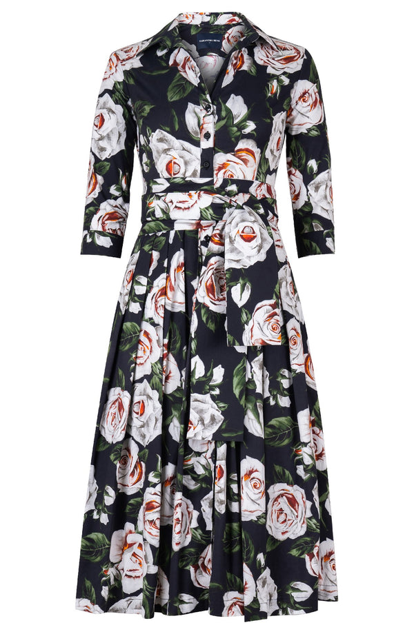 Audrey Dress #4 Shirt Collar 3/4 Sleeve Midi Length Cotton Stretch (White Rose)