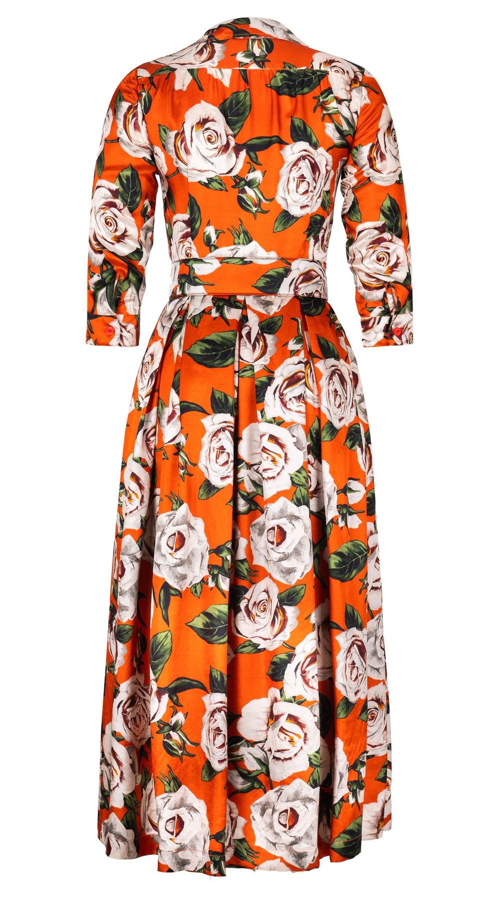 Audrey Dress #7 Shirt Collar 3/4 Sleeve Midi Plus Length Silk Twill (White Rose Bright) - Orange