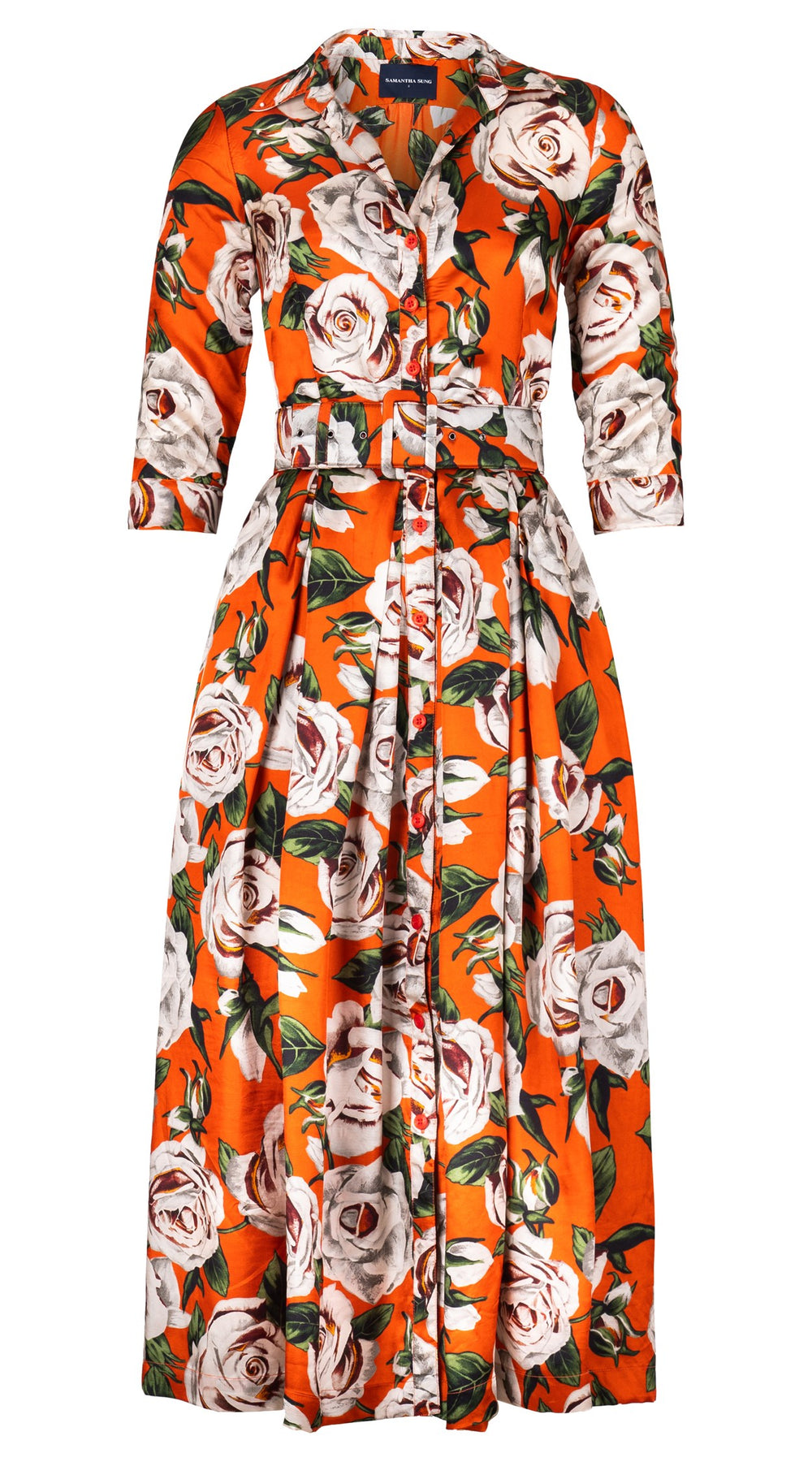 Audrey Dress #7 Shirt Collar 3/4 Sleeve Midi Plus Length Silk Twill (White Rose Bright) - Orange