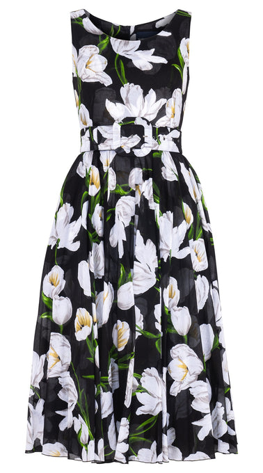 Aster Dress Boat Neck Sleeveless Midi Length Cotton Musola (White Tulip)