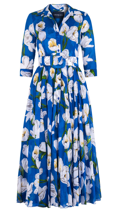 Aster Dress Shirt Collar 3/4 Sleeve Midi Plus Length Cotton Musola (White Tulip)