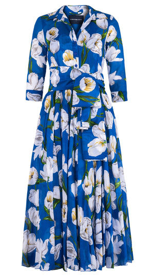Aster Dress Shirt Collar 3/4 Sleeve Midi Plus Length Cotton Musola (White Tulip)