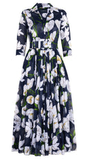 Aster Dress Shirt Collar 3/4 Sleeve Midi Plus Length Cotton Musola (White Tulip)