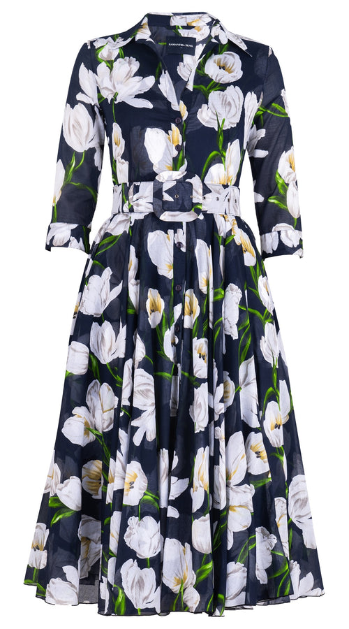 Aster Dress Shirt Collar 3/4 Sleeve Midi Length Cotton Musola (White Tulip)