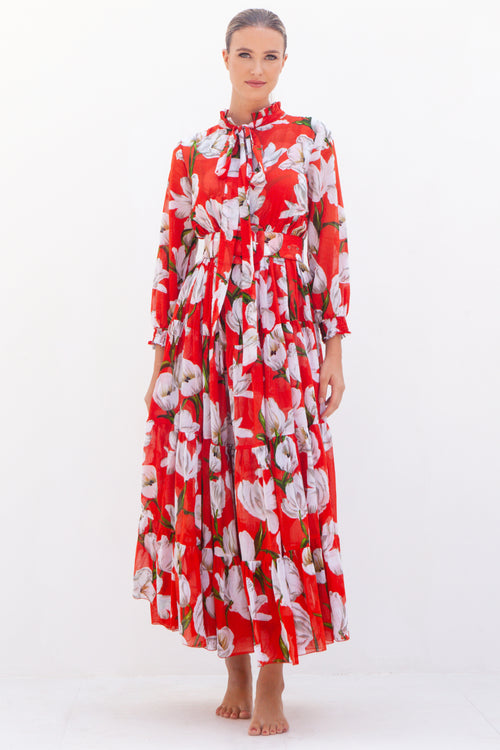 Eden Dress Crew Neck 3/4 Sleeve with Hamilton Belt Maxi Length Cotton Musola (White Tulip)