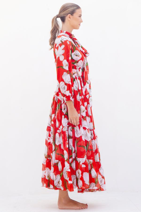 Eden Dress Crew Neck 3/4 Sleeve with Hamilton Belt Maxi Length Cotton Musola (White Tulip)