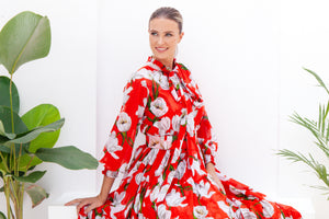 Eden Dress Crew Neck 3/4 Sleeve with Hamilton Belt Maxi Length Cotton Musola (White Tulip)