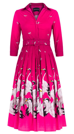 Audrey Dress #4 Shirt Collar 3/4 Sleeve Midi Length Cotton Stretch (White Crane Ombre)