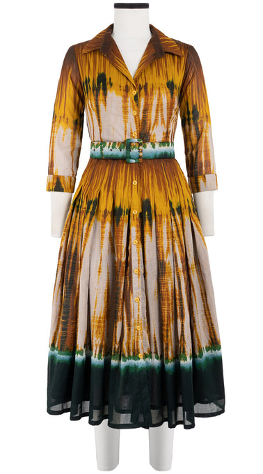 Audrey Dress #4 Shirt Collar 3/4 Sleeve Midi Length Cotton Musola (Zanzibar Tie Dye)