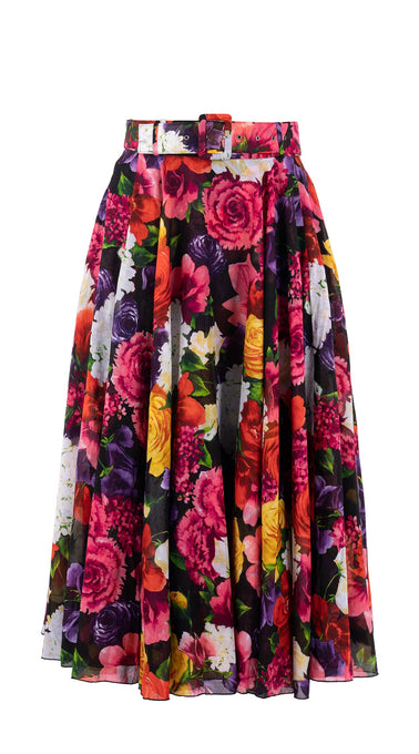 Aster Skirt #1 with Belt Midi Length Cotton Musola (Zinnia Flower)