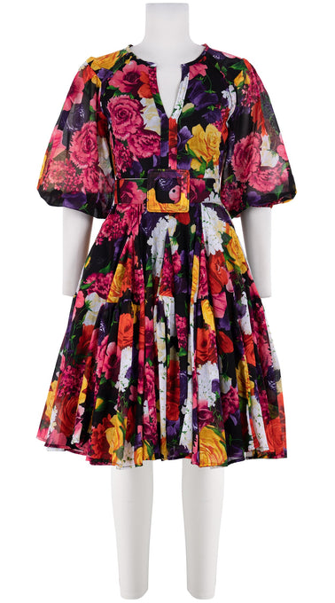 Birdy Dress Crew Neck 3/4 Puff Sleeve with Hamilton Belt Cotton Musola (Zinnia Flower)