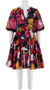 Birdy Dress Crew Neck 3/4 Puff Sleeve with Hamilton Belt Cotton Musola (Zinnia Flower)