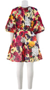 Birdy Dress #1 Crew Neck 3/4 Puff Sleeve with Hamilton Belt Mini Length Linen (Zinnia Flower)