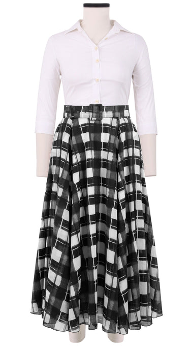 Aster Skirt #1 with Belt Midi Length Cotton Musola (Abstract Check)