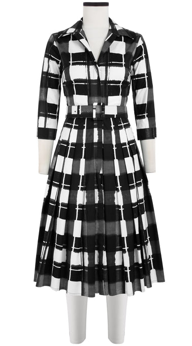 Audrey Dress #4 Shirt Collar 3/4 Sleeve Long Length Cotton Stretch (Abstract Check)
