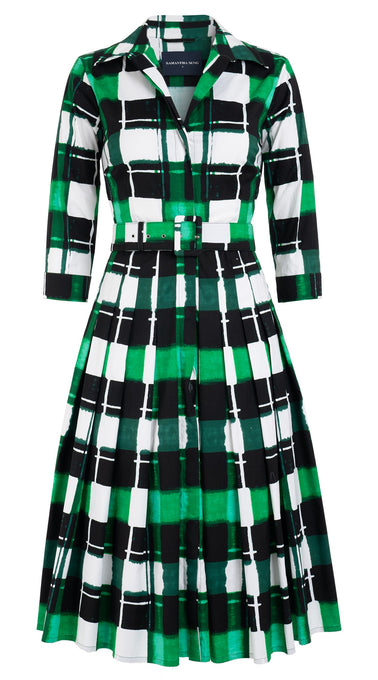 Audrey Dress #4 Shirt Collar 3/4 Sleeve Long Length Cotton Stretch (Abstract Check)