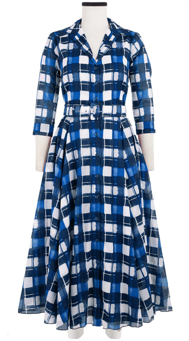 Aster Dress Shirt Collar 3/4 Sleeve Midi Length Cotton Musola (Abstract Check)