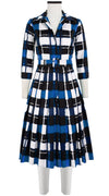 Audrey Dress #4 Shirt Collar 3/4 Sleeve Long Length Cotton Stretch (Abstract Check)