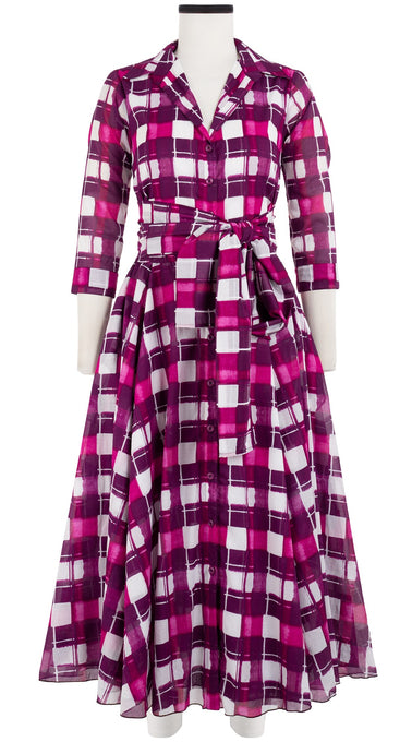 Aster Dress Shirt Collar 3/4 Sleeve Midi Length Cotton Musola (Abstract Check)