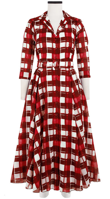 Aster Dress Shirt Collar 3/4 Sleeve Midi Length Cotton Musola (Abstract Check)