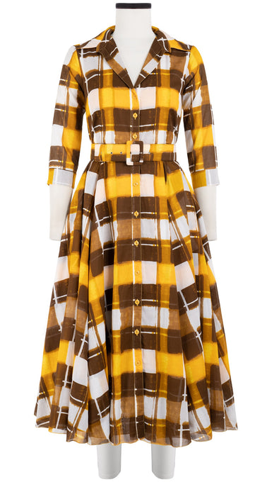 Aster Dress Shirt Collar 3/4 Sleeve Midi Length Cotton Musola (Abstract Check)