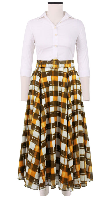 Aster Skirt #1 with Belt Midi Length Cotton Musola (Abstract Check)