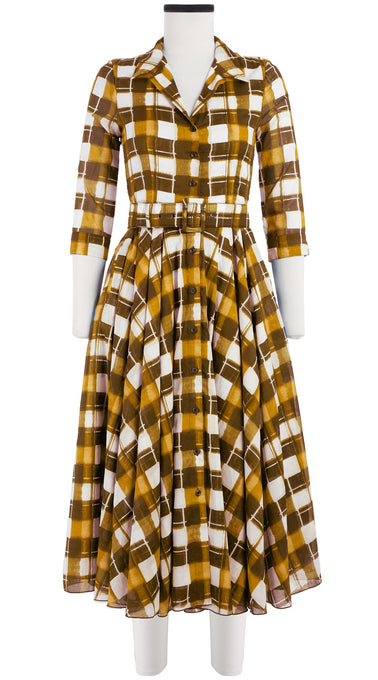 Laurent Dress Shirt Collar 3/4 Sleeve Midi Length Cotton Musola (Abstract Check)