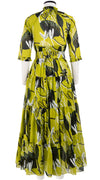 Eden Dress Crew Neck 3/4 Sleeve with Hamilton Belt Maxi Length Cotton Musola (Abstract Debussy)