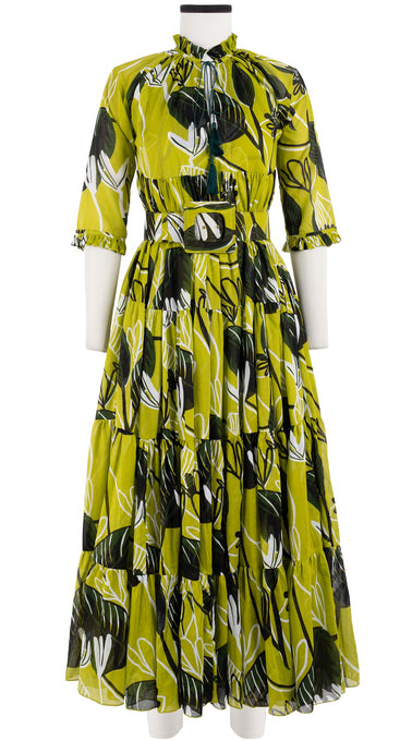 Eden Dress Crew Neck 3/4 Sleeve with Hamilton Belt Maxi Length Cotton Musola (Abstract Debussy)