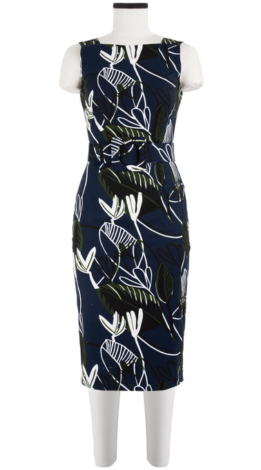 Celine Dress High Boat Neck Sleeveless with Hamilton Belt Long Length Cotton Dobby Stretch (Abstract Debussy)