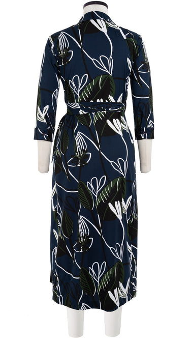 Hepburn Dress Shirt Collar 3/4 Sleeve Midi Length Cotton Stretch (Abstract Debussy)