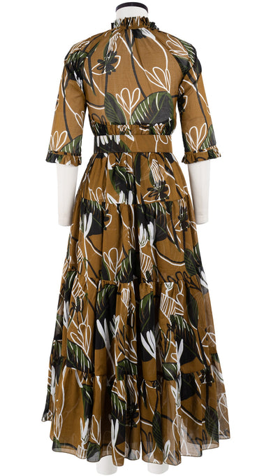 Eden Dress Crew Neck 3/4 Sleeve with Hamilton Belt Maxi Length Cotton Musola (Abstract Debussy)