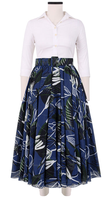 Aster Skirt #1 with Belt Midi Length Cotton Musola (Abstract Debussy)