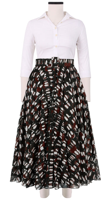 Aster Skirt #1 with Belt Midi Length Cotton Musola (Abstract Kooning)