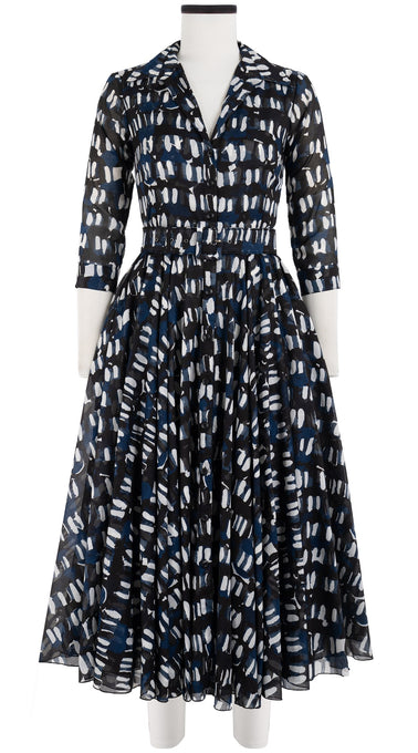 Aster Dress Shirt Collar 3/4 Sleeve Midi Length Cotton Musola (Abstract Kooning)