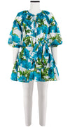 Birdy Dress Crew Neck Slit 3/4 Puff Sleeve with Hamilton Belt Mini Length Cotton Musola (Anemon Naples All Over)