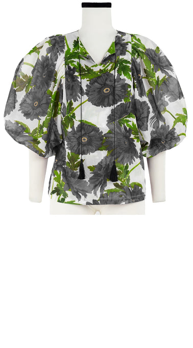 Anastasia Blouse #1 Crew Neck Slit 3/4 Puff Sleeve Cotton Musola (Anemon Naples All Over)