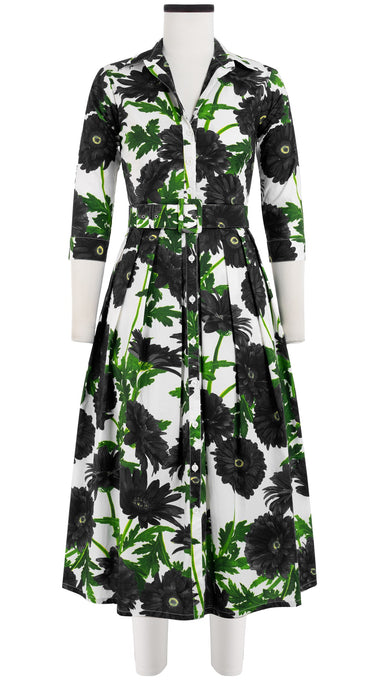 Audrey Dress #1 Shirt Collar 3/4 Sleeve Midi Length Cotton Stretch (Anemon Naples All Over)