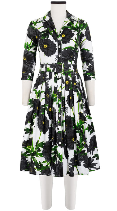 Audrey Dress #2 Shirt Collar 3/4 Sleeve Long Length Cotton Stretch (Anemon Naples All Over)