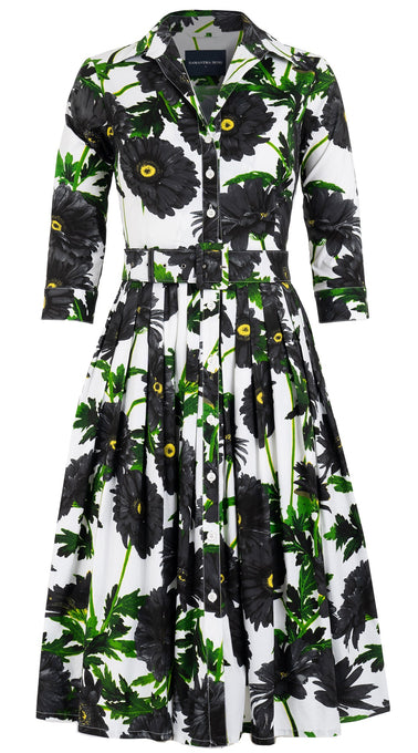 Audrey Dress #2 Shirt Collar 3/4 Sleeve Long Length Cotton Stretch (Anemon Naples All Over)