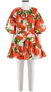 Birdy Dress Crew Neck Slit 3/4 Puff Sleeve with Hamilton Belt Mini Length Cotton Musola (Anemon Naples All Over)