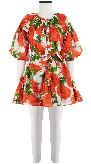 Birdy Dress Crew Neck Slit 3/4 Puff Sleeve with Hamilton Belt Mini Length Cotton Musola (Anemon Naples All Over)