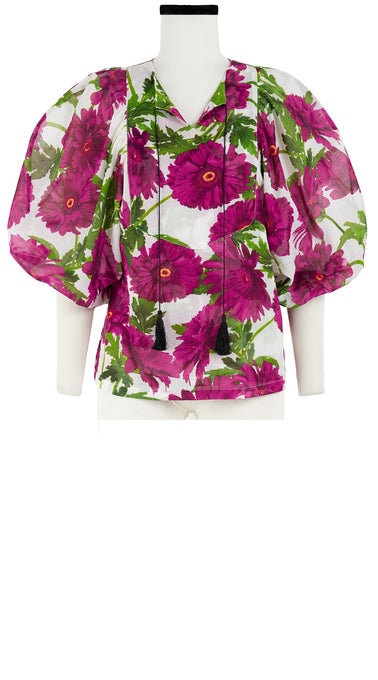 Anastasia Blouse #1 Crew Neck Slit 3/4 Puff Sleeve Cotton Musola (Anemon Naples All Over)