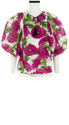 Anastasia Blouse #1 Crew Neck Slit 3/4 Puff Sleeve Cotton Musola (Anemon Naples All Over)