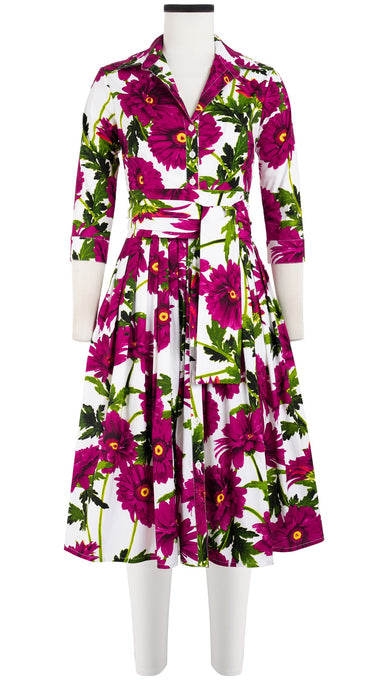 Audrey Dress #2 Shirt Collar 3/4 Sleeve Long Length Cotton Stretch (Anemon Naples All Over)