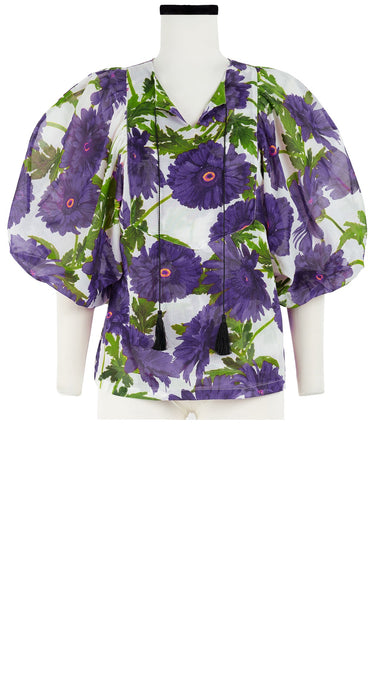 Anastasia Blouse #1 Crew Neck Slit 3/4 Puff Sleeve Cotton Musola (Anemon Naples All Over)