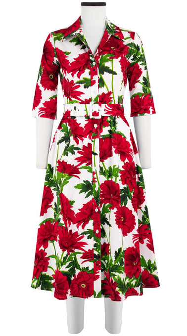 Abel Dress Shirt Collar Elbow Sleeve Midi Length Cotton Stretch (Anemon Naples All Over)