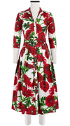 Audrey Dress #1 Shirt Collar 3/4 Sleeve Midi Length Cotton Stretch (Anemon Naples All Over)