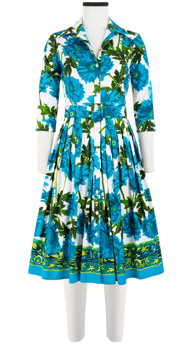 Audrey Dress #2 Shirt Collar 3/4 Sleeve Long Length Cotton Stretch (Anemon Naples Border)